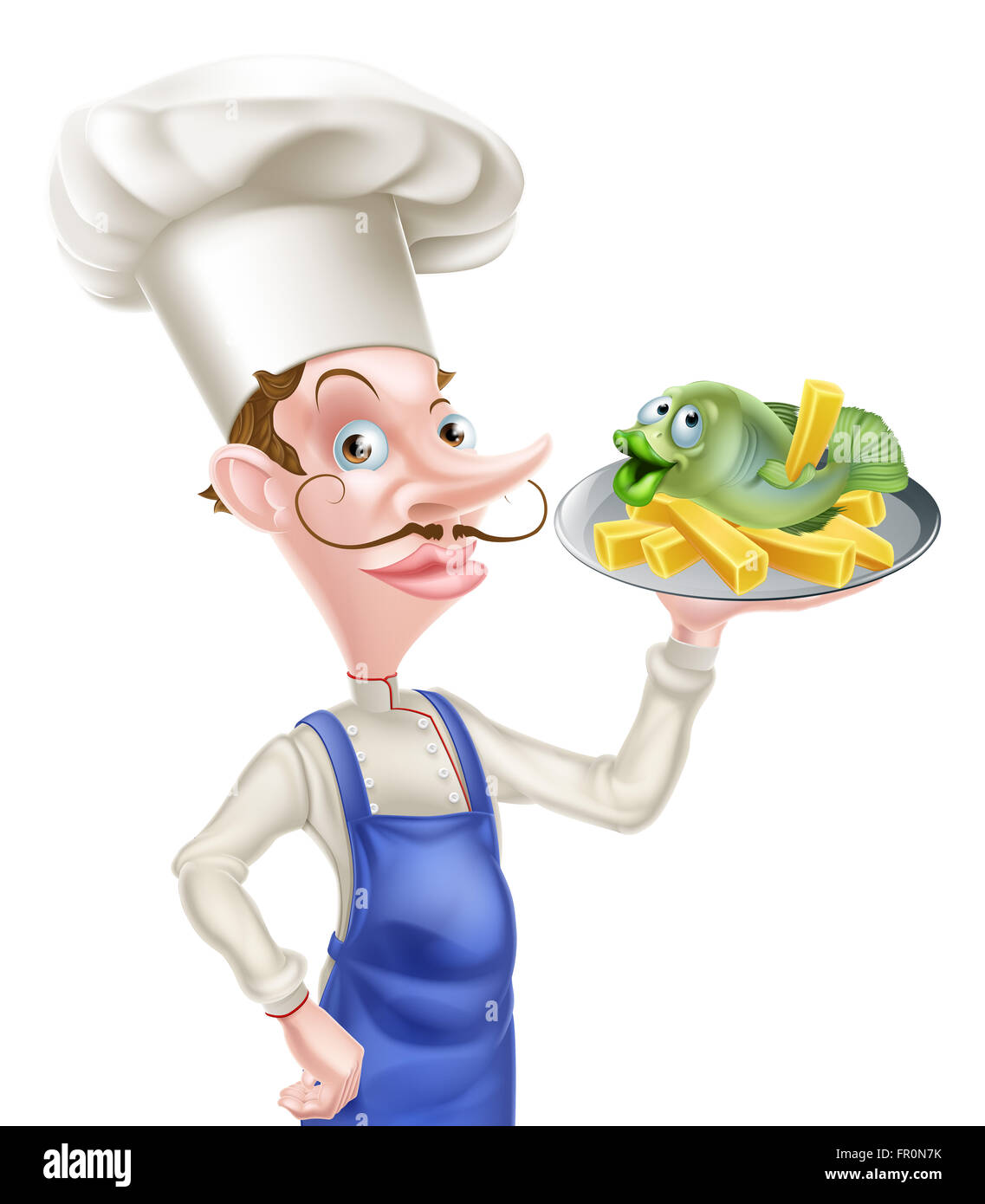 Une caricature chef holding un plat avec du poisson et des frites ou frites sur elle Banque D'Images