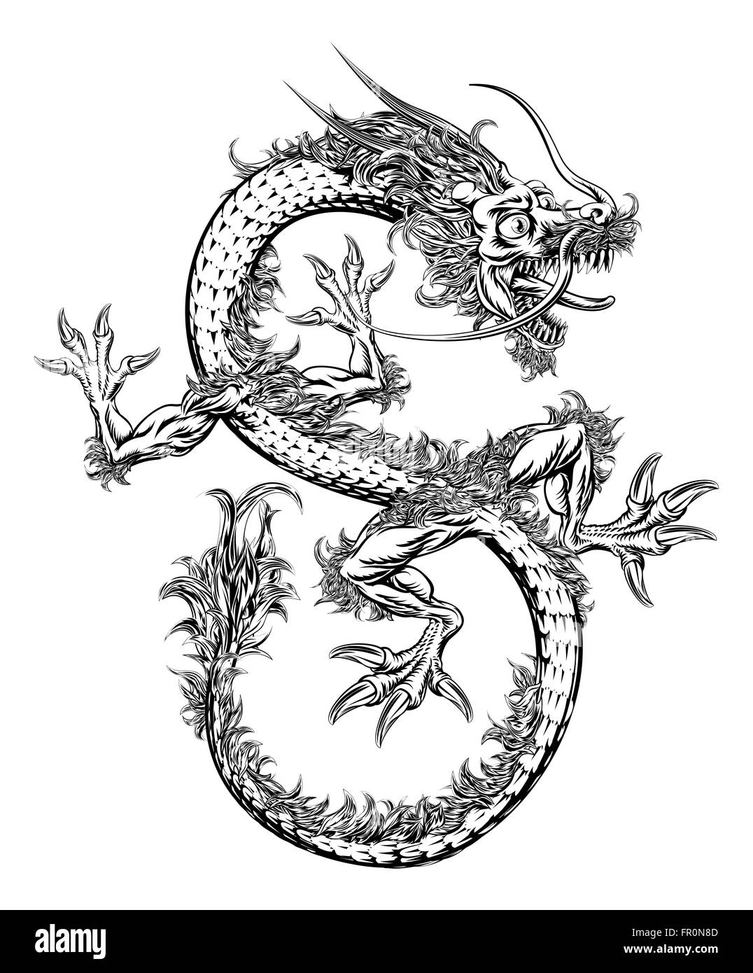 Dessin Dragon Noir Et Blanc Une illustration en noir et blanc d'un style chinois ou japonais dragon