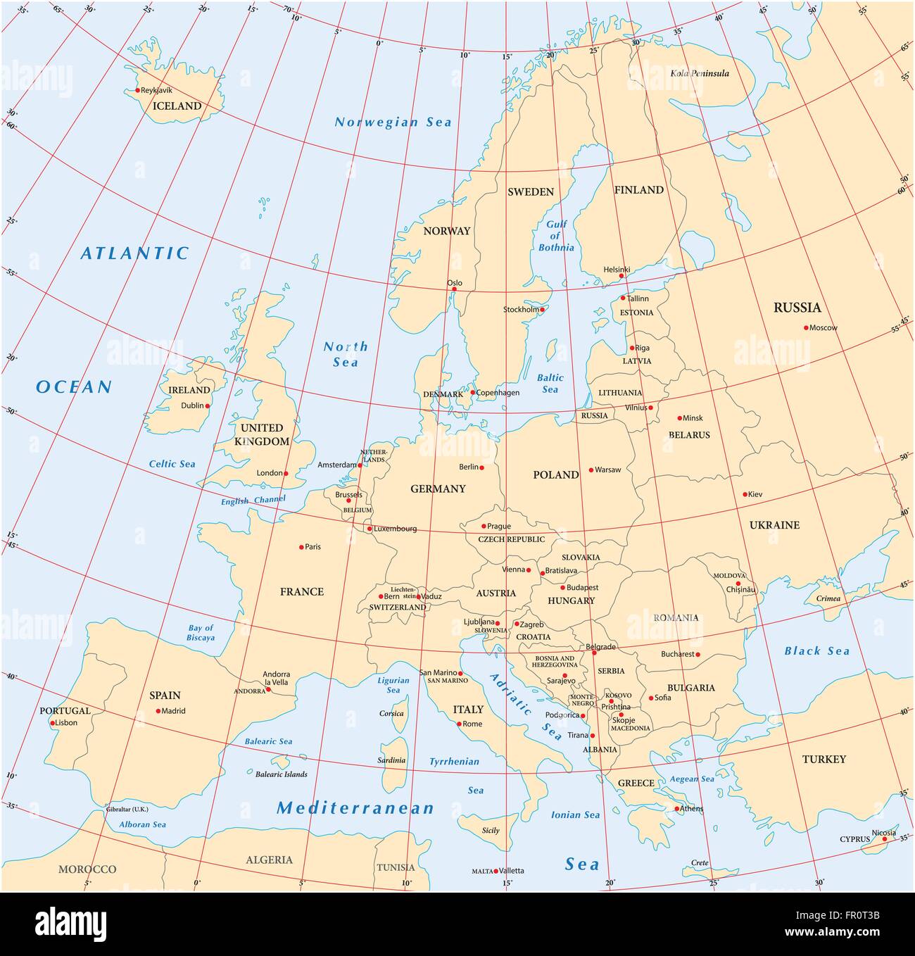 La carte administrative et politique de l'Europe avec des coordonnées Illustration de Vecteur