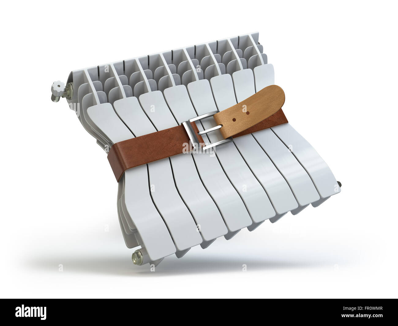 Radiateur de chauffage avec la courroie. Chambre l'efficacité énergétique et les économies d'énergie thermique concept. Radiateur de chauffage isolé sur blanc. 3d Banque D'Images