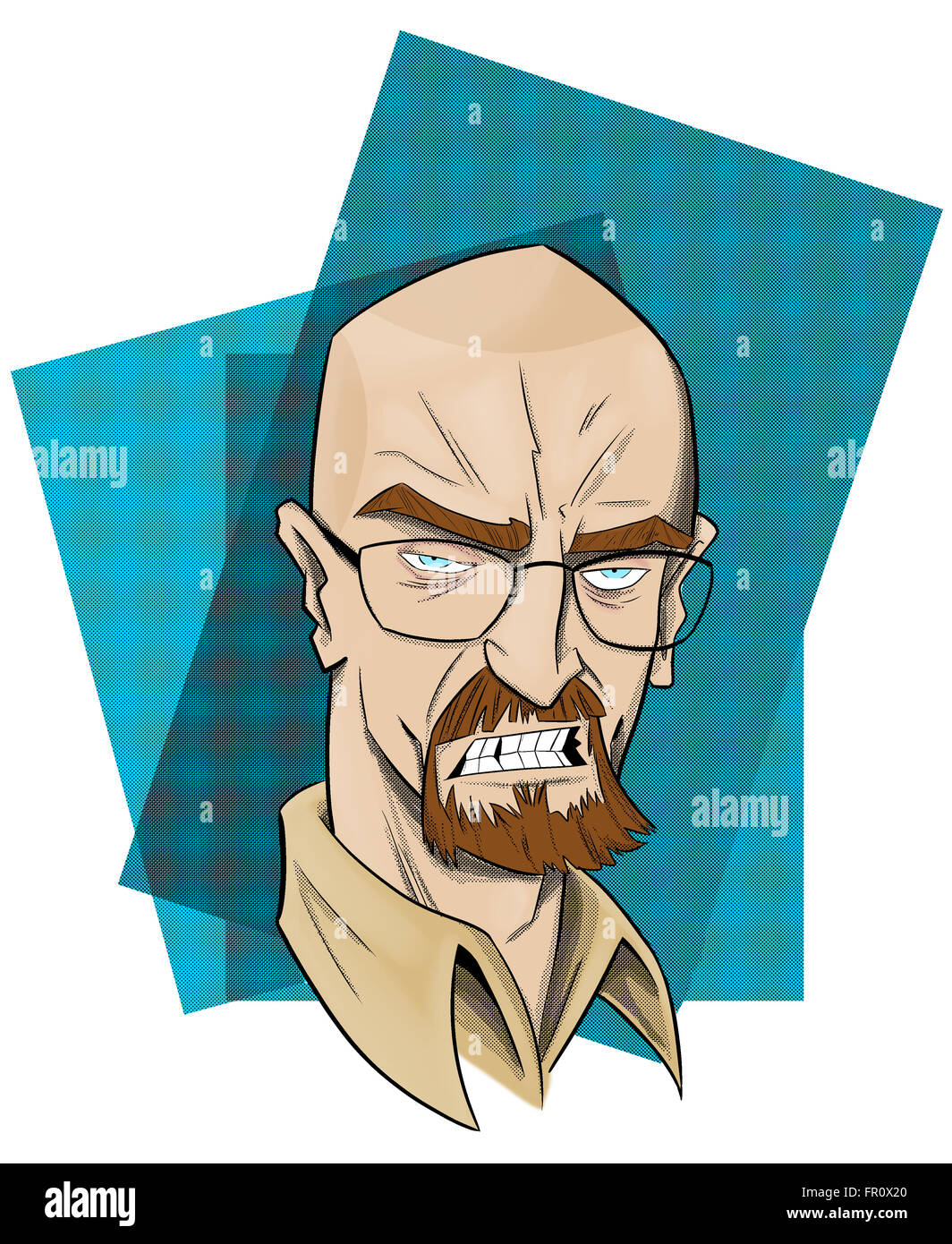 Bryan Cranston : Walter White dans la série télévisée Breaking Bad. Illustration en couleur, caricature comique de personne célèbre. Banque D'Images
