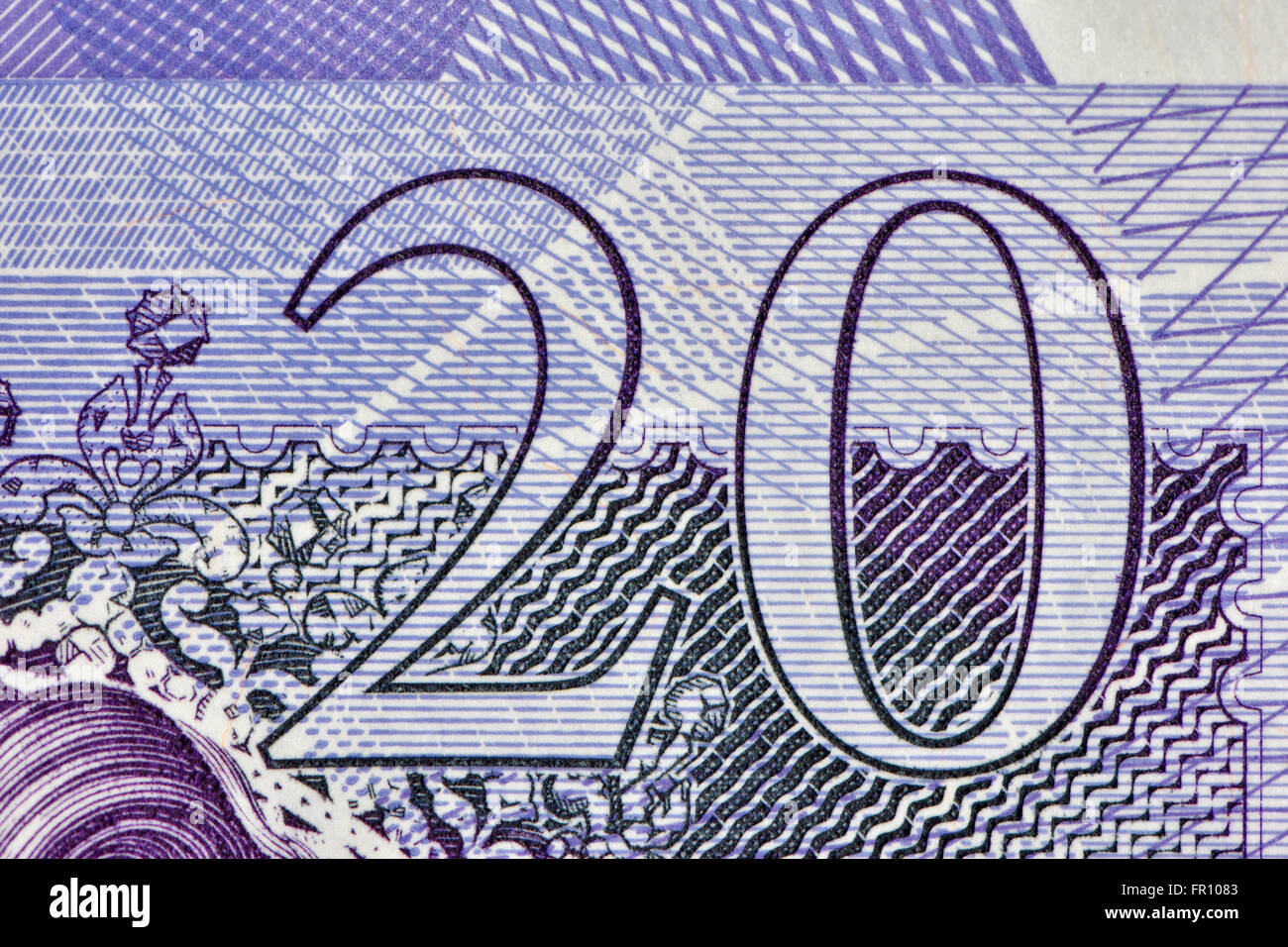 Close up d'un billet de banque de 20 livres sterling en monnaie britannique Banque D'Images