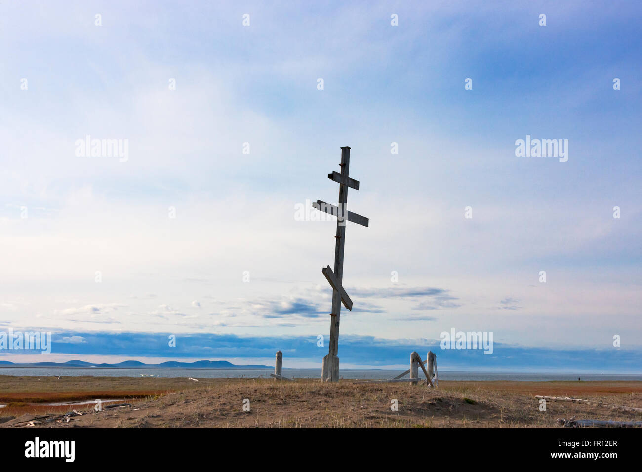 Signe de cimetière, Cap-Onman, mer de Tchoukotka, en Russie extrême-orient Banque D'Images