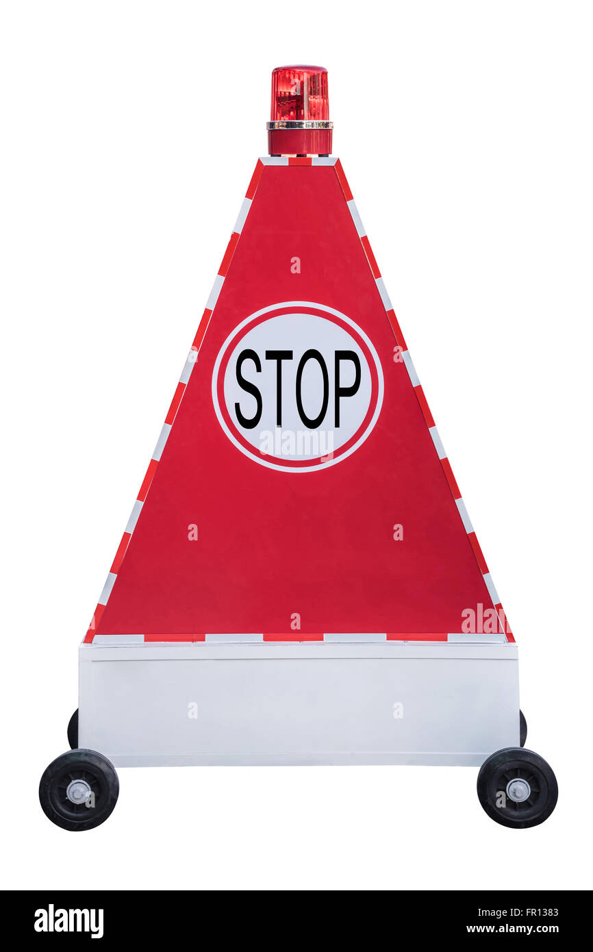 Stop on triangle caisson lumineux sur roulette de défilement avec sirène rouge légère en haut,travailler avec chemin, Banque D'Images