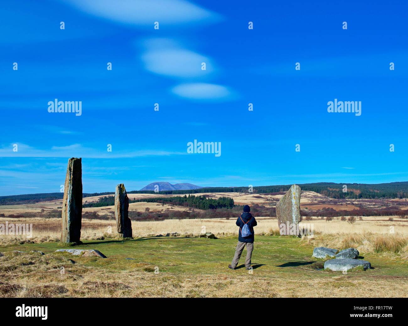 Man standing stones sur Machrie Moor, Isle of Arran, North Ayrshire, Scotland UK Banque D'Images
