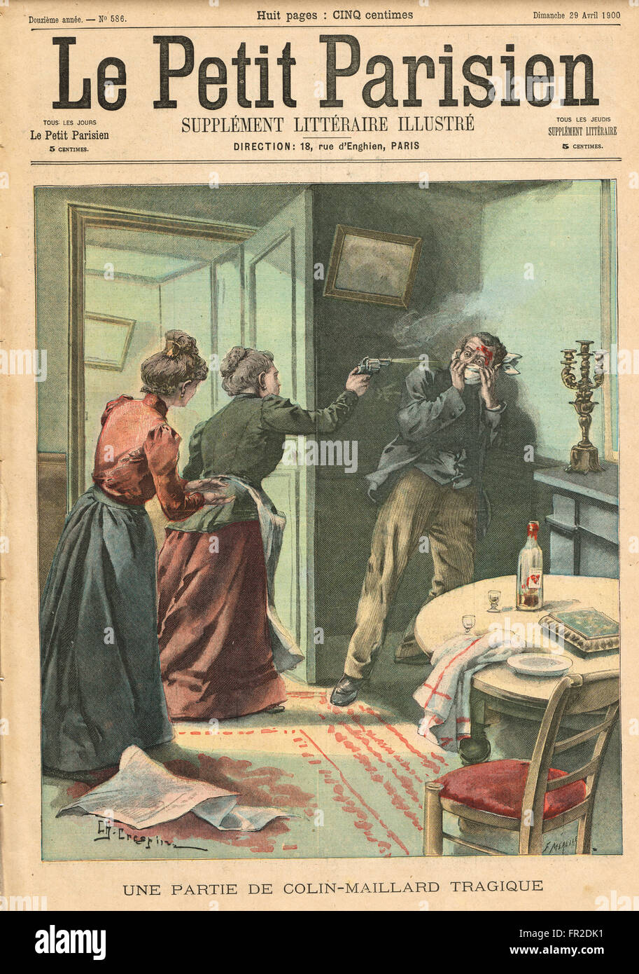 Homme mort aveugle Buff de l'homme abattu par la mère en droit, Marseille, France 1900. Illustration du petit parisien dans le journal français illustré Banque D'Images
