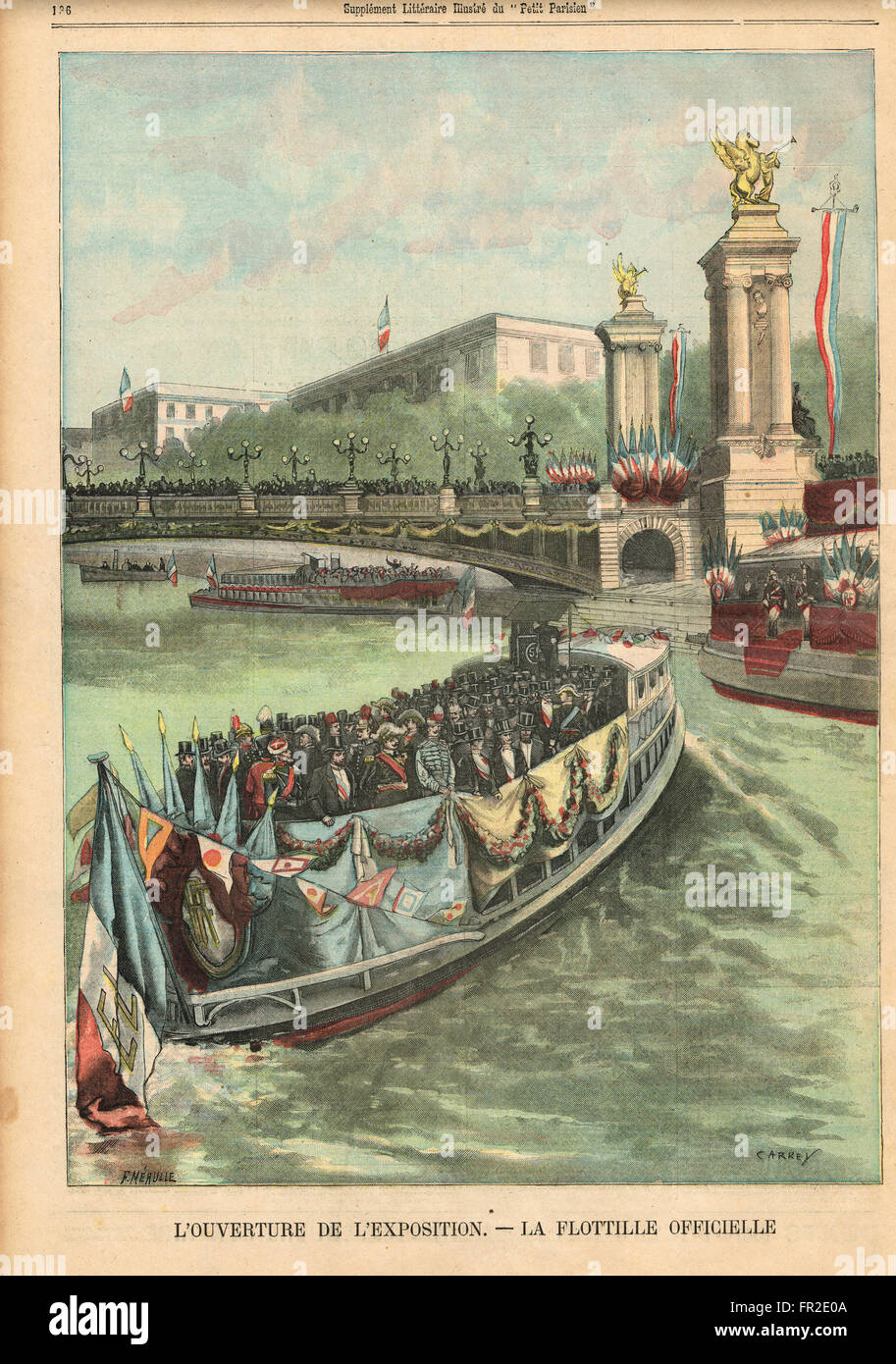 Flottille des officiels à l'ouverture de l'exposition de Paris 1900. Illustration du petit parisien dans le journal français illustré Banque D'Images