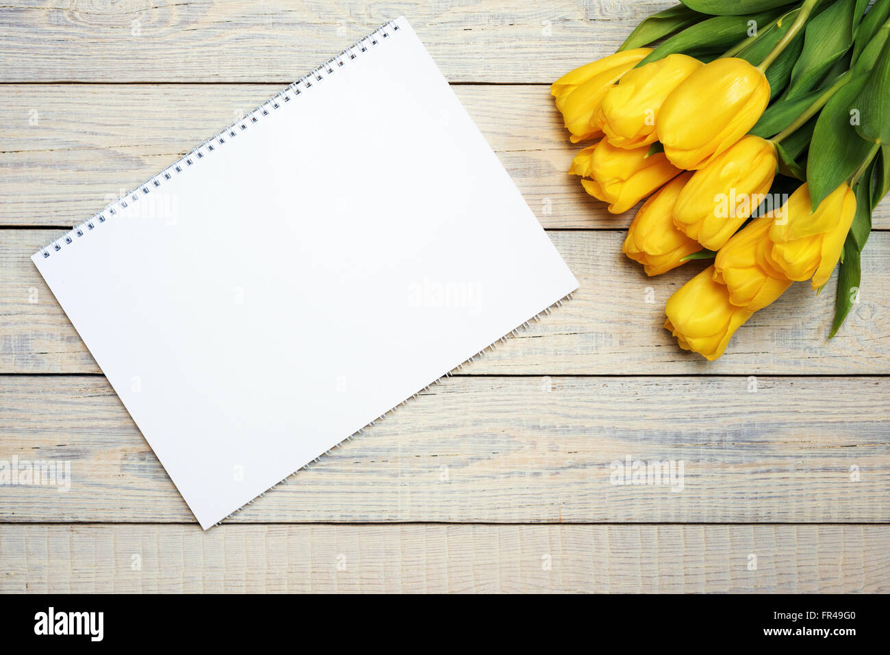 Tulipes jaunes fraîches avec carte de vœux de Pâques sur fond de bois. Maison de l'arrière-plan. Vue de dessus avec l'exemplaire de l'espace. Banque D'Images