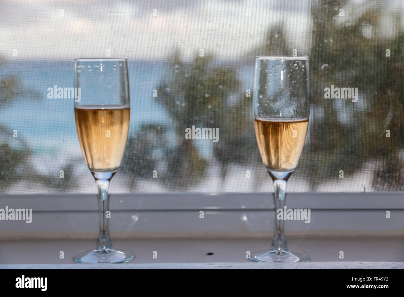 Deux verres de champagne dans la fenêtre Banque D'Images