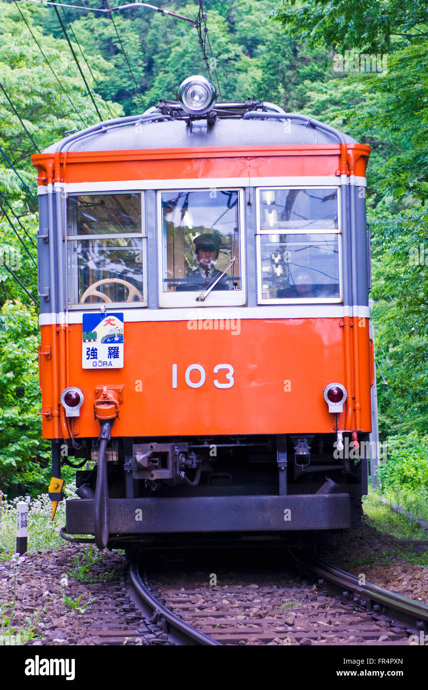 La ligne Hakone Tozan train passer à travers la forêt vers la station et le lac Ashinoko Kowakidani à Hakone Japon Shizuoka Banque D'Images