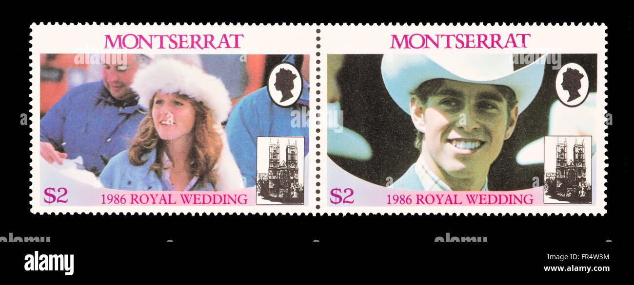 Paire de timbres-poste de Montserrat montrant Sarah Ferguson et le Prince Andrew, mariage royal en 1986. Banque D'Images