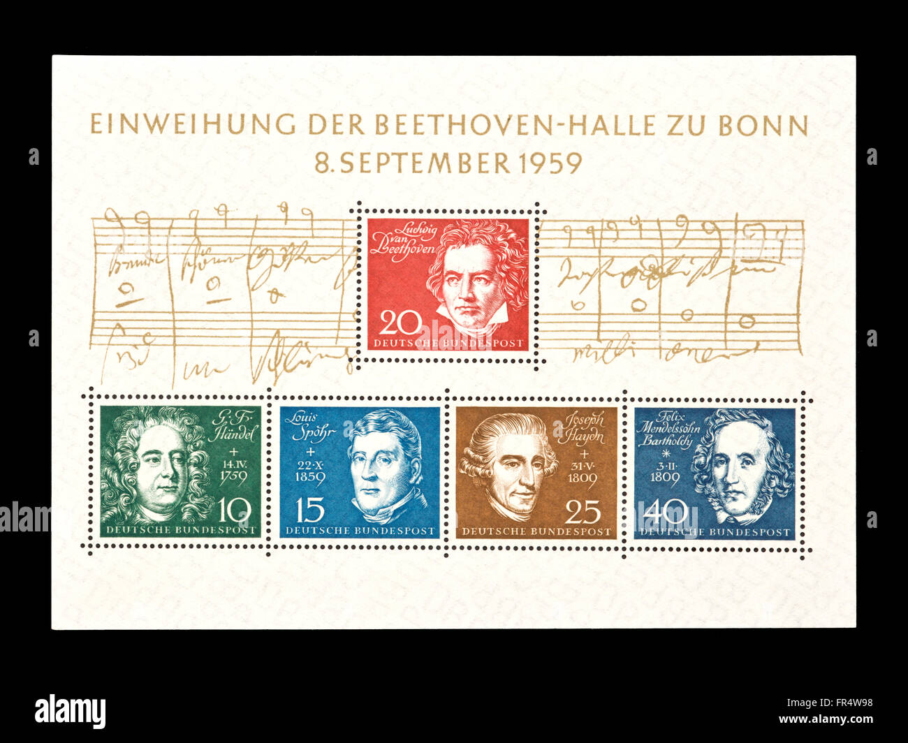 Bloc feuillet de Allemagne représentant les compositeurs, émis pour l'ouverture de l'hôtel Beethoven à Bonn Banque D'Images