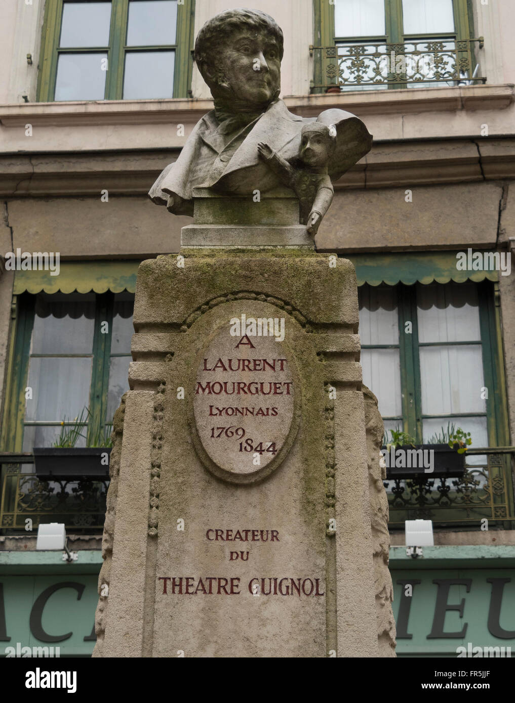 Statue de Laurent Mourguet (créateur du célèbre Guignol), Lyon, France. Banque D'Images