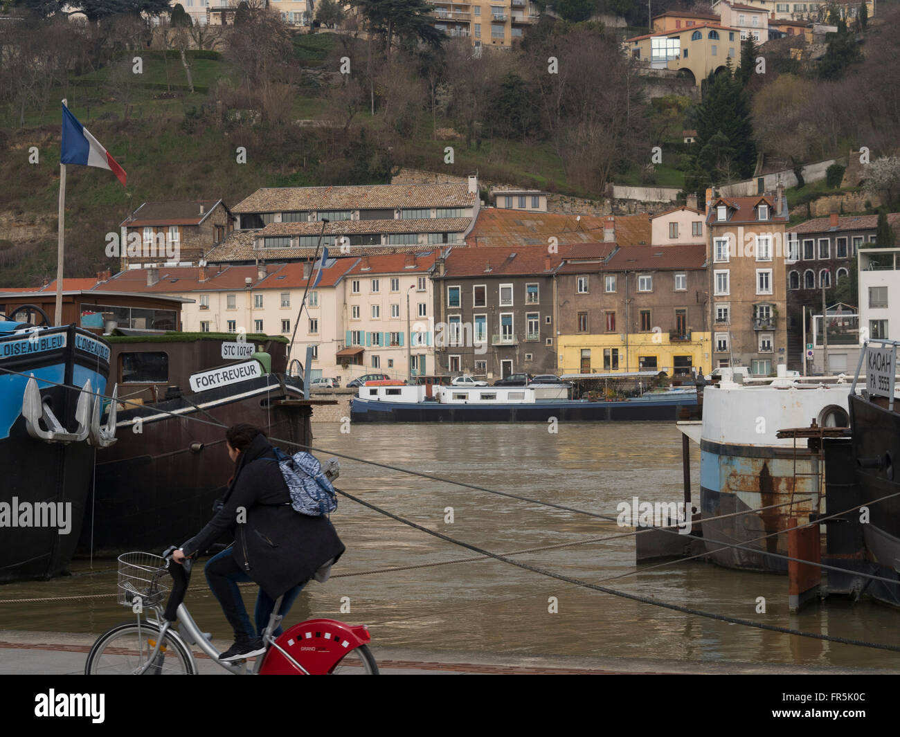 Les péniches sur les quais de la Saône, Lyon, France. Banque D'Images