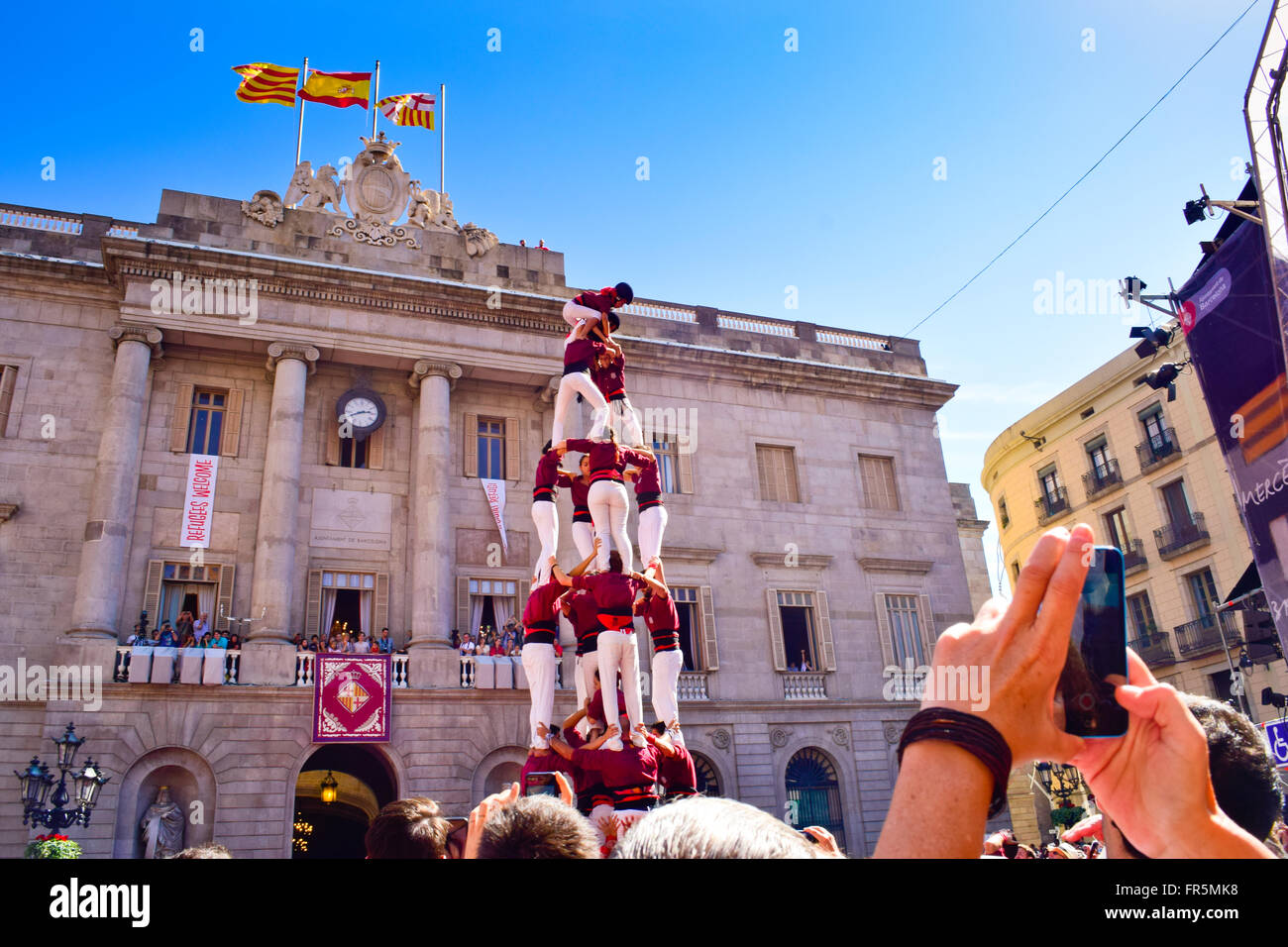 Tours humaines 24. Merce Festival. La Plaça Sant Jume, Barcelone, Catalogne, Espagne. Banque D'Images