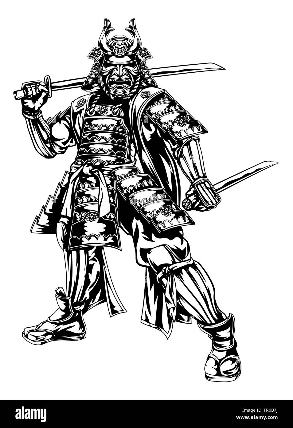 Une illustration d'un guerrier samouraï japonais tenant deux épées Banque D'Images