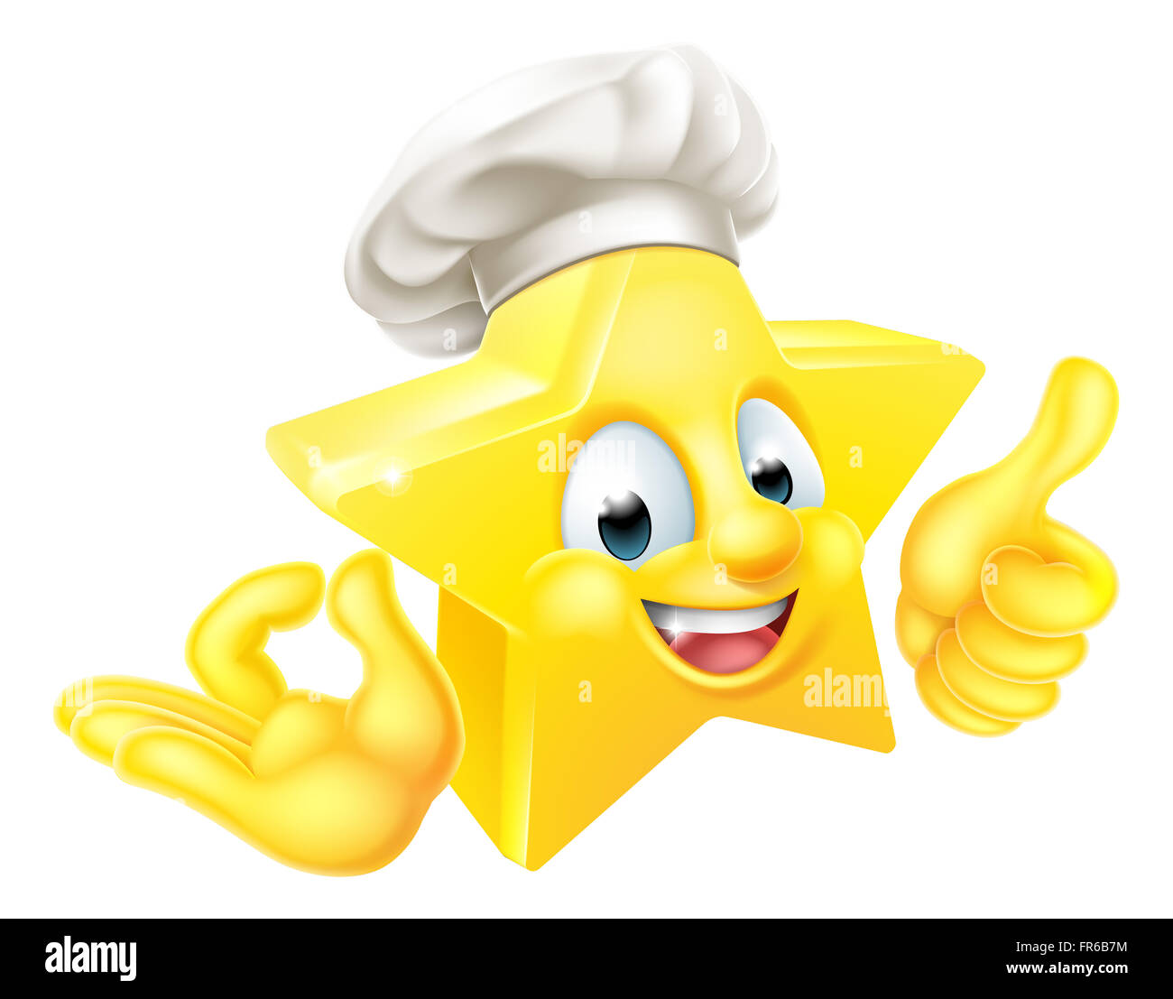 Le chef étoilé de dessin animé emoticon emoji mascot character faisant un signe de main parfaite et de donner un coup de pouce Banque D'Images