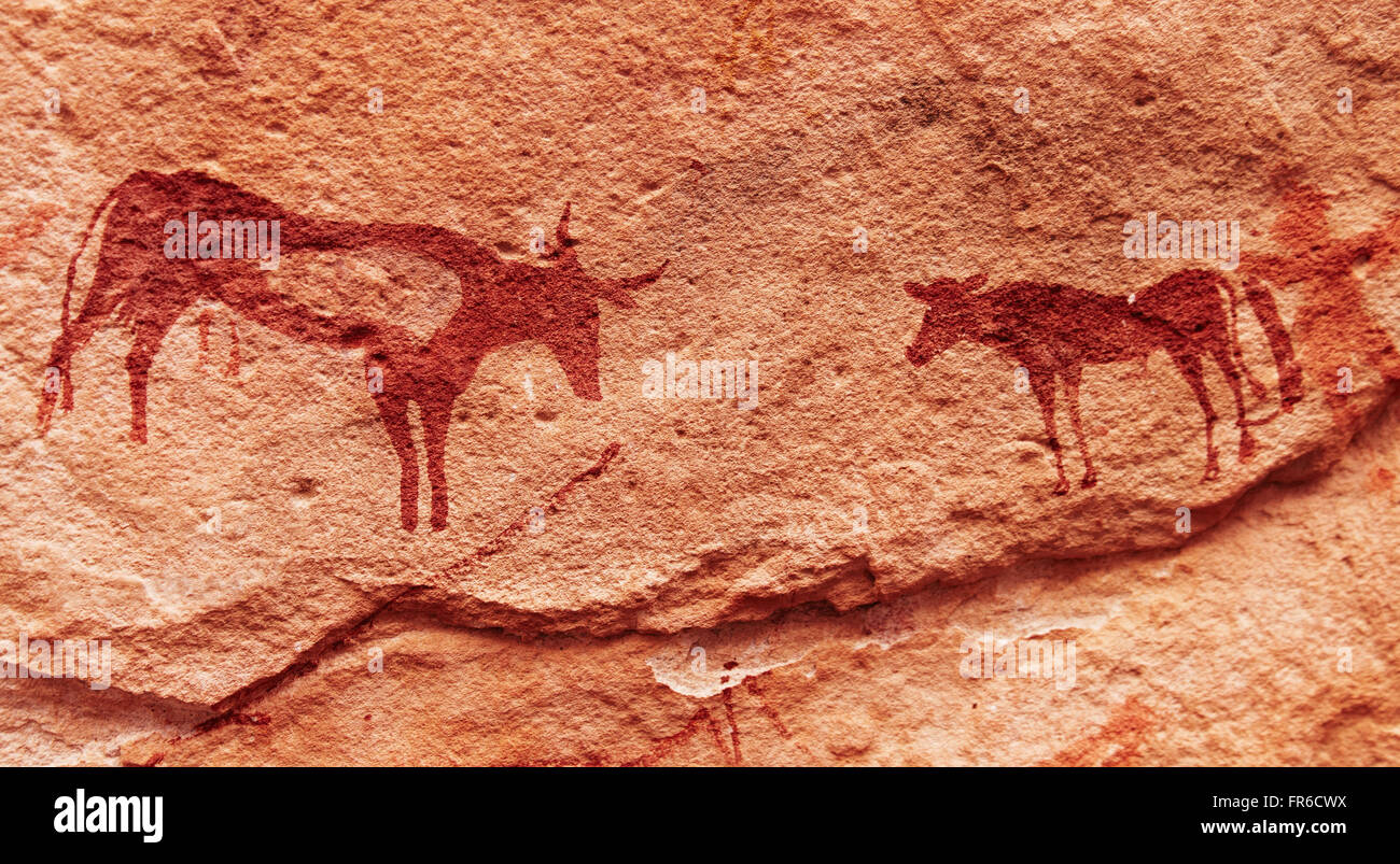 Peintures rupestres en désert du Sahara, Tadrart, Algérie Banque D'Images