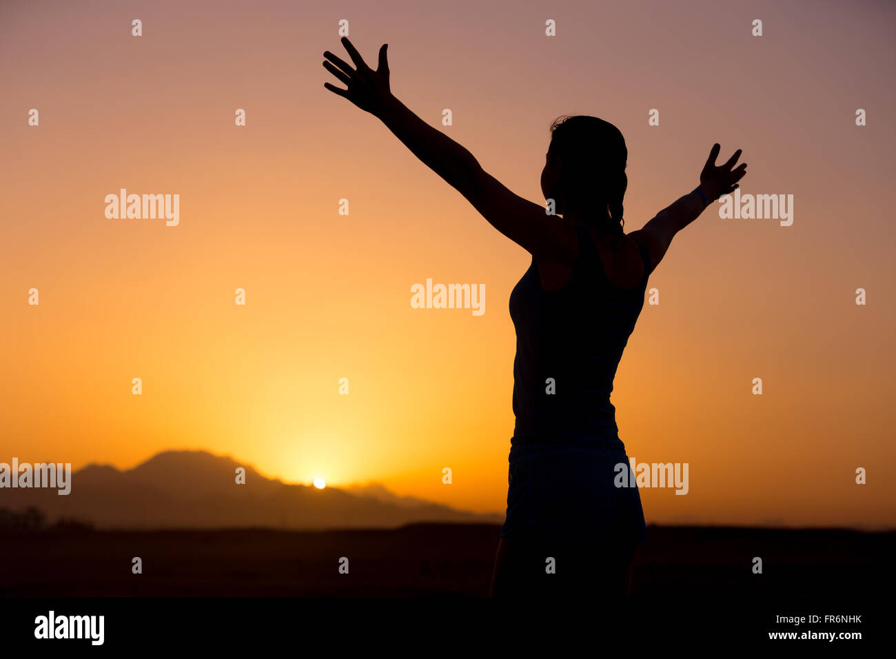 Vue arrière de l'heureux jeune modèle féminin debout avec les bras levés sentiment joyeux dans le paysage pittoresque, coloré ou lever de soleil Banque D'Images