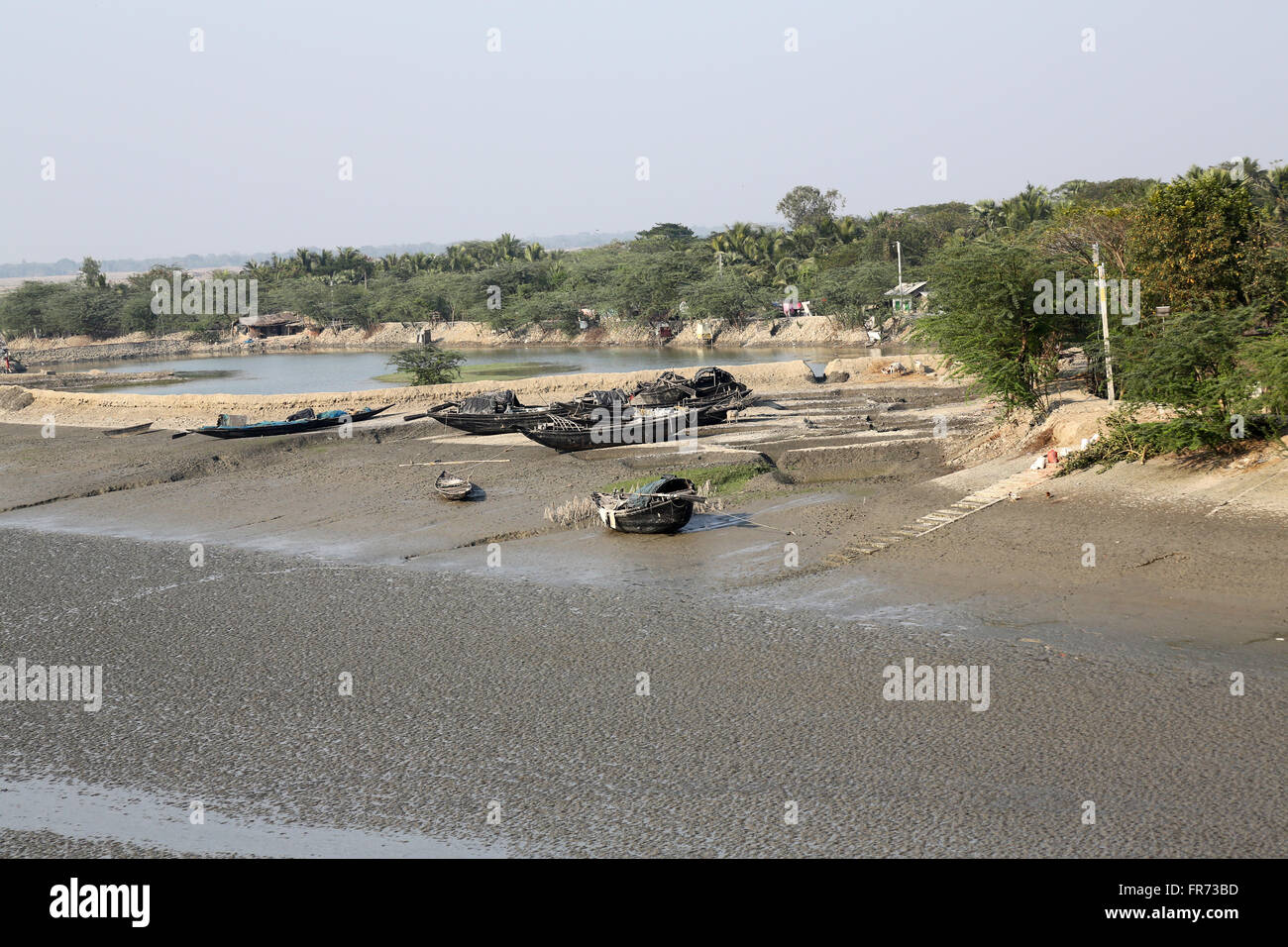 Des bateaux de pêcheurs se sont toronnés dans la boue à marée basse sur la rivière Matla près de Canning Town, en Inde Banque D'Images