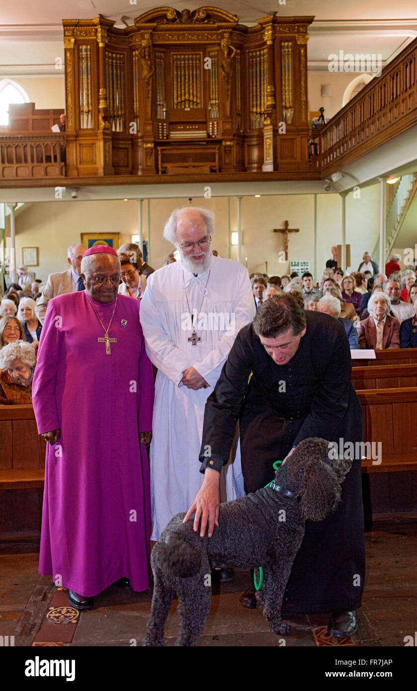 L'archevêque Tutu et l'archevêque de Canterbury à l'église St Mary Hay-on-Wye avec Fr Richard Williams et son chien Banque D'Images