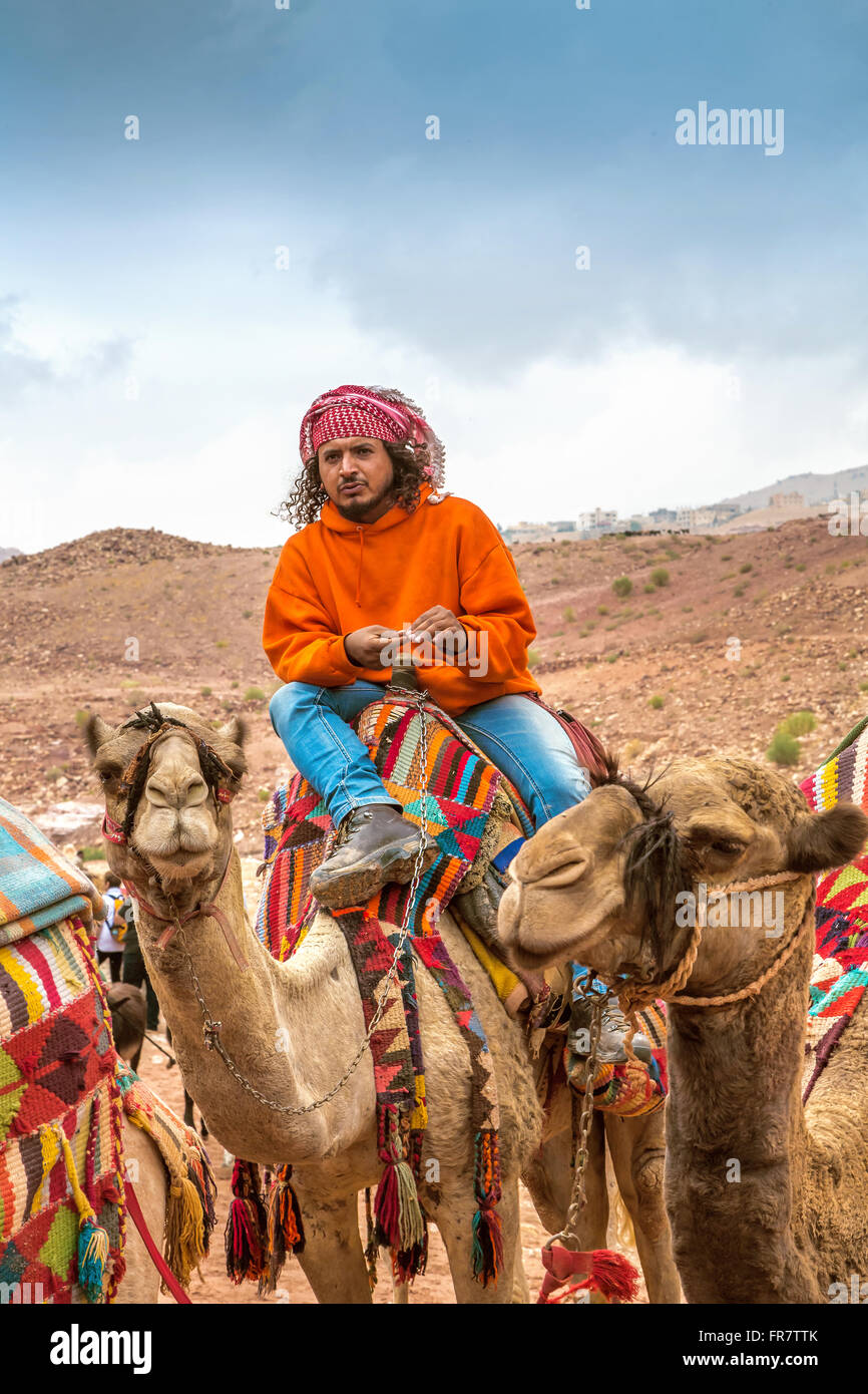 Sur bédouin chameau, Petra, Jordanie Banque D'Images