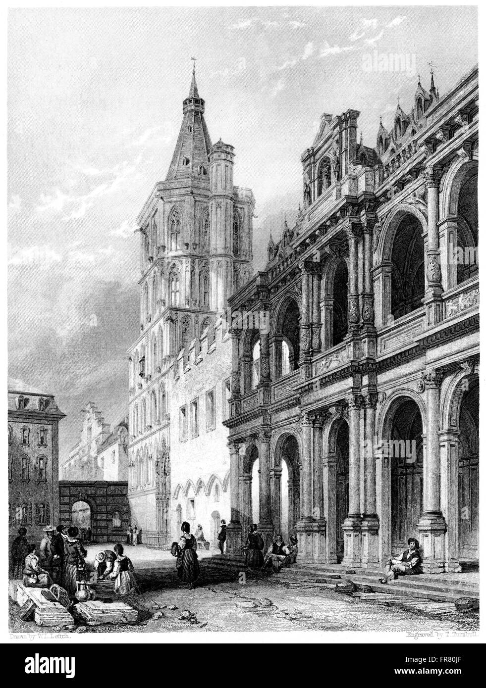 Gravure de l'hôtel de ville, l'eau de Cologne sur le Rhin numérisées à haute résolution à partir d'un livre imprimé en 1876. Avis de droit d'auteur Banque D'Images