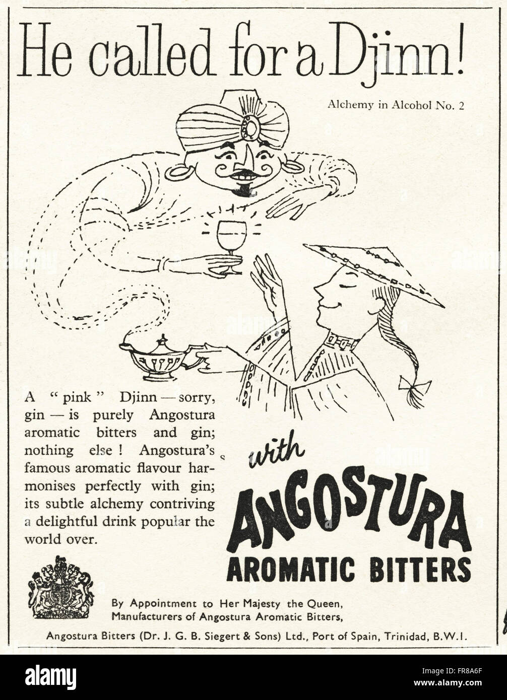 Vintage Original advert à partir de 1950. Publicité Publicité en date du 1959 ANGOSTURA BITTERS aromatiques par nomination à Sa Majesté la Reine. Banque D'Images