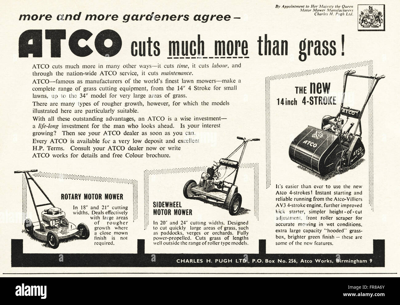 Vintage Original advert à partir de 1950. Publicité Publicité en date du 1959 ATCO tondeuses à gazon sur rendez-vous à Sa Majesté la Reine. Banque D'Images