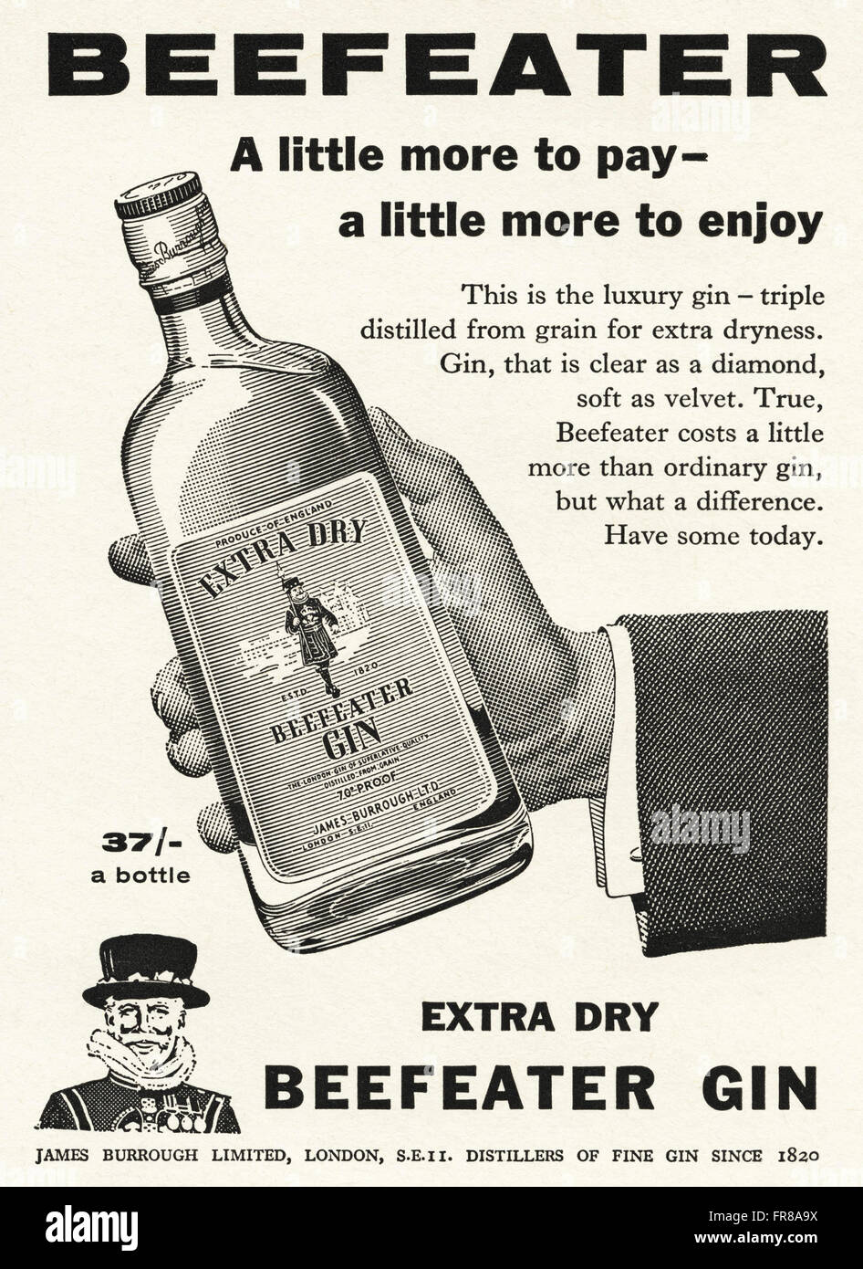 Vintage Original advert à partir de 1950. Publicité Publicité en date du 1959 LE GIN BEEFEATER. Banque D'Images