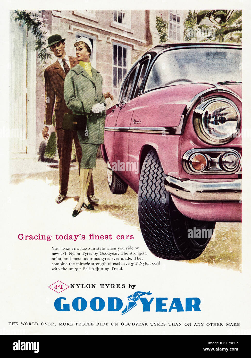 Vintage Original magazine annonce pleine page couleur à partir de 1950. Publicité Publicité en date du 1959 GOODYEAR pneus de voiture en nylon. Banque D'Images