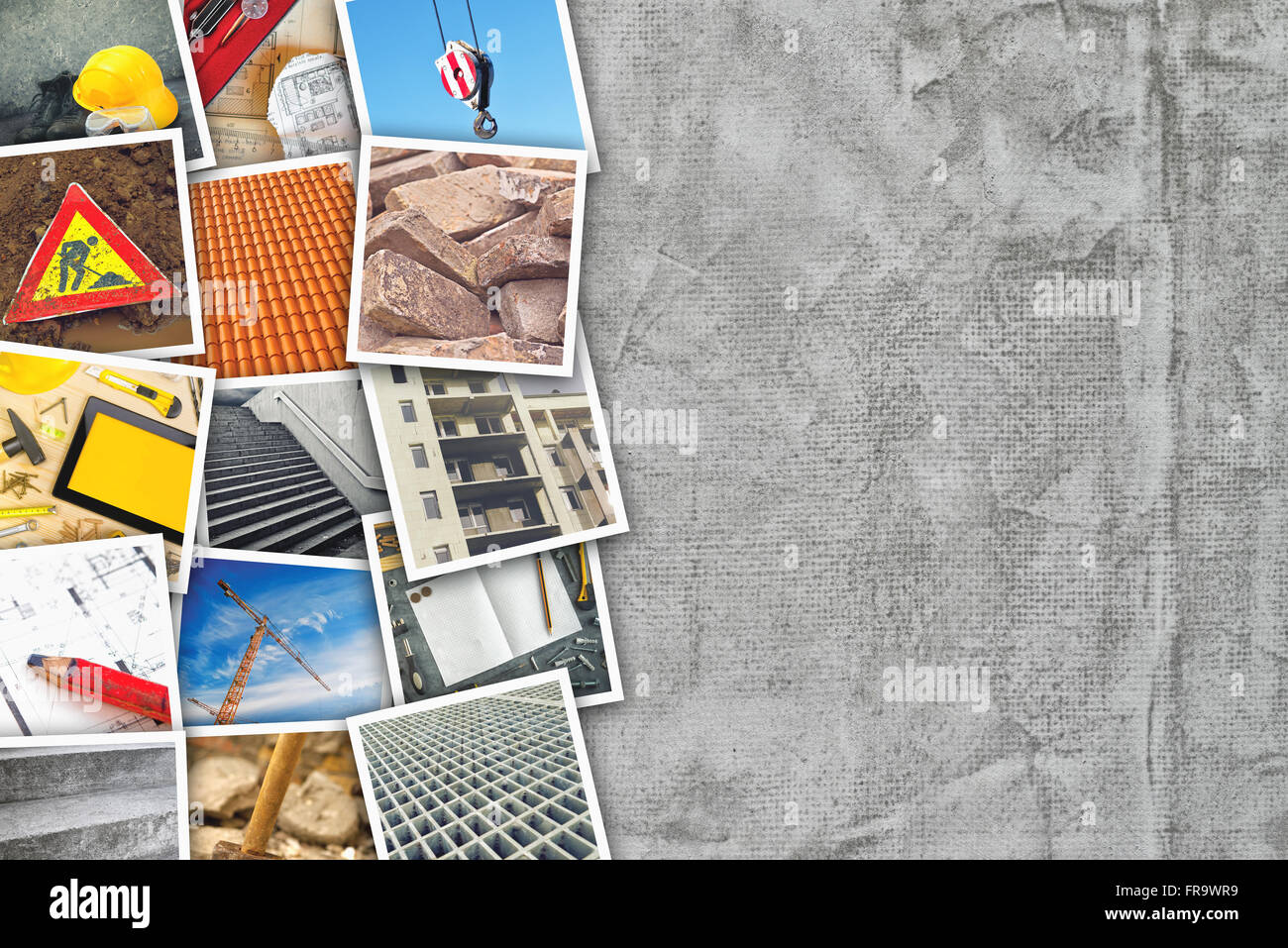 Le thème de l'industrie de la construction photo collage avec photos empilées sur la texture du mur de béton de ciment que copier l'espace. Banque D'Images