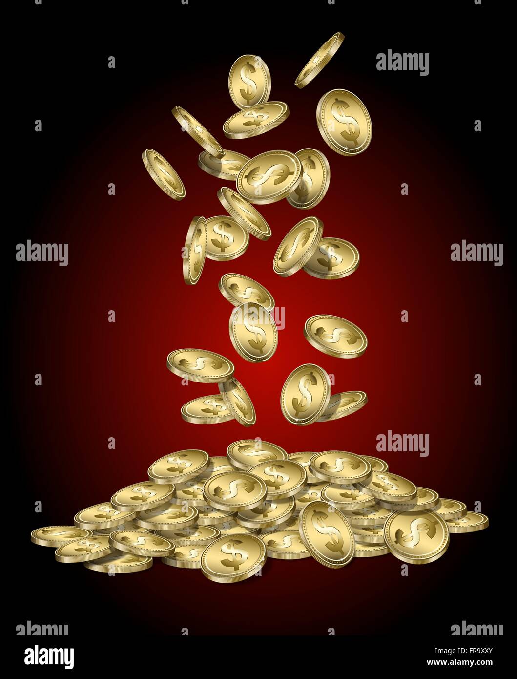 Des pièces d'or avec le signe dollar tomber dans un tas Illustration de Vecteur