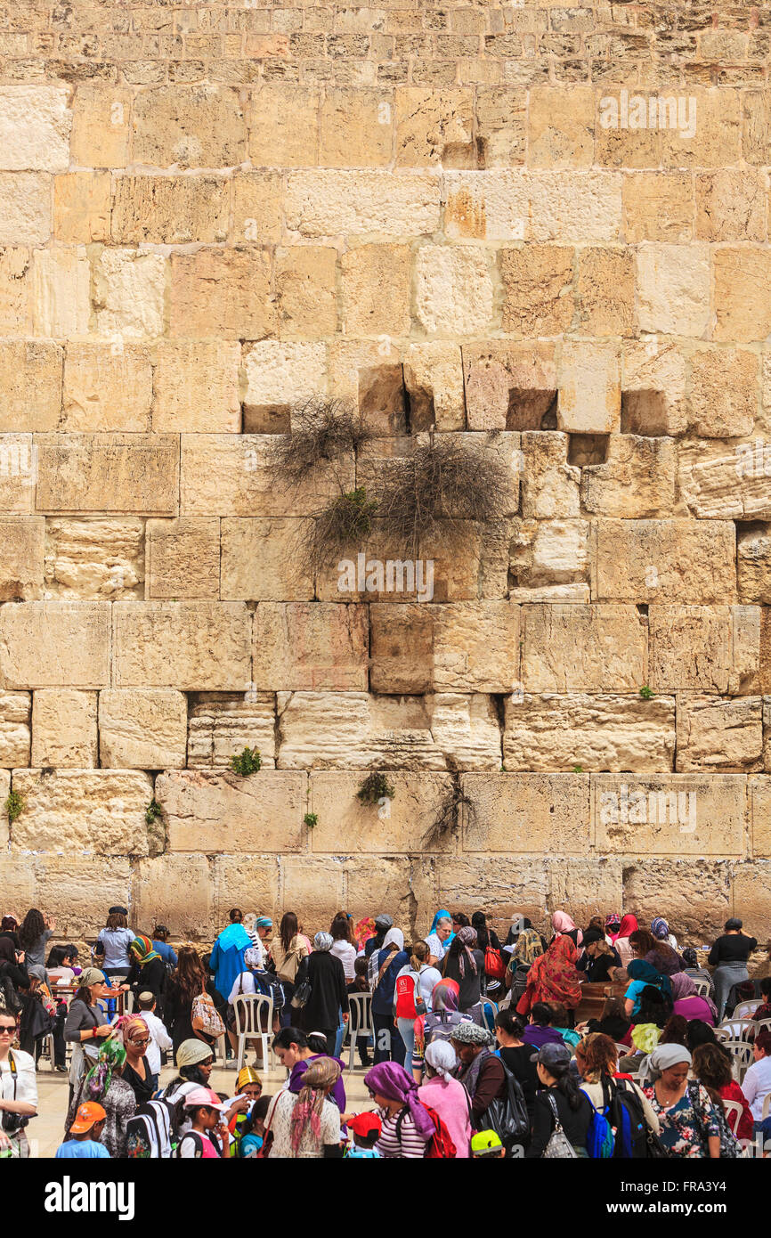 Les touristes et les juifs orthodoxes au Mur des lamentations, Jérusalem, Israël Banque D'Images