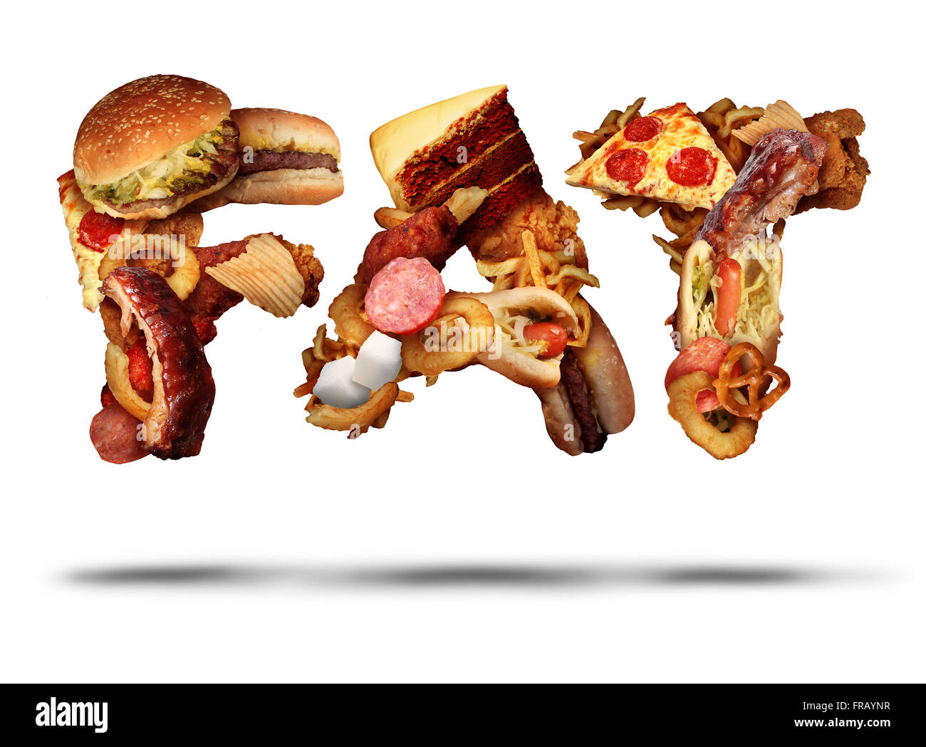 Concept gras malsains et les repas au restaurant ou repas transformés en tant que texte icône faite à partir d'un groupe d'hamburgeres deep fried gâteau frites de fast-food et de métaphore pour l'alimentation et la nutrition pour la santé. Banque D'Images