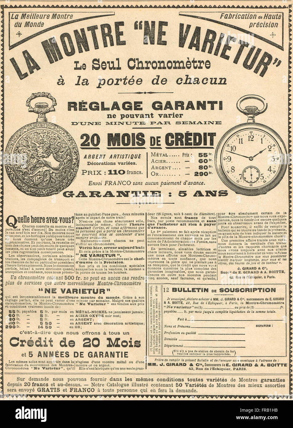 Publicité pour la française Meilleur horloger dans le monde 1900 Banque D'Images