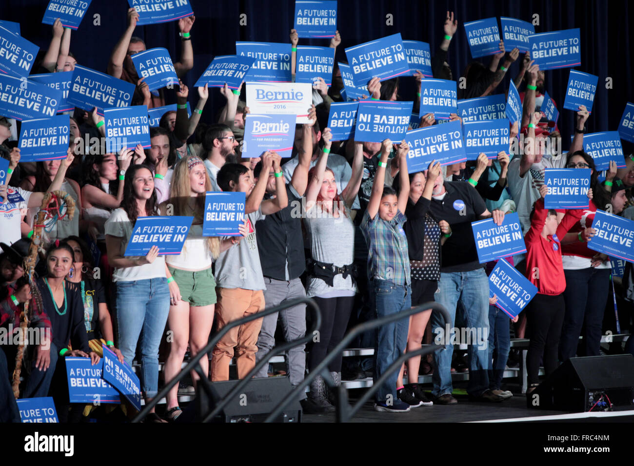 Les partisans du sénateur américain et le candidat démocrate Bernie Sanders cheer lors d'un rassemblement électoral au centre de conventions de Phoenix le 15 mars 2016 à Phoenix, Arizona. Banque D'Images