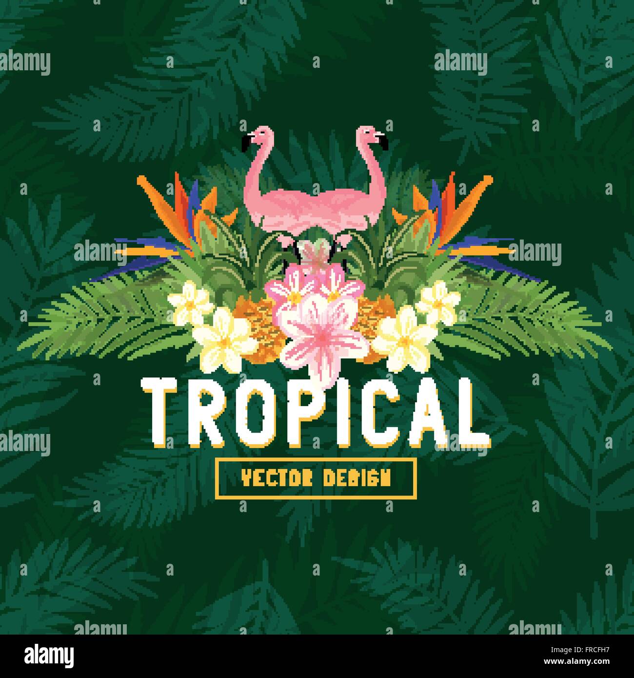 Été tropical vecteur. Tropic, notamment de Flamingo, Palmiers, oiseaux de paradis et fleurs d'ananas Illustration de Vecteur