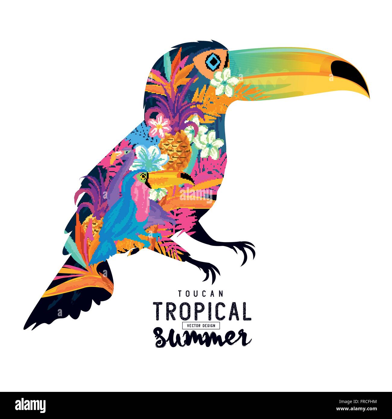 Été tropical Toucan. Abstract Toucan oiseau avec divers éléments tropicaux. Illustration de Vecteur