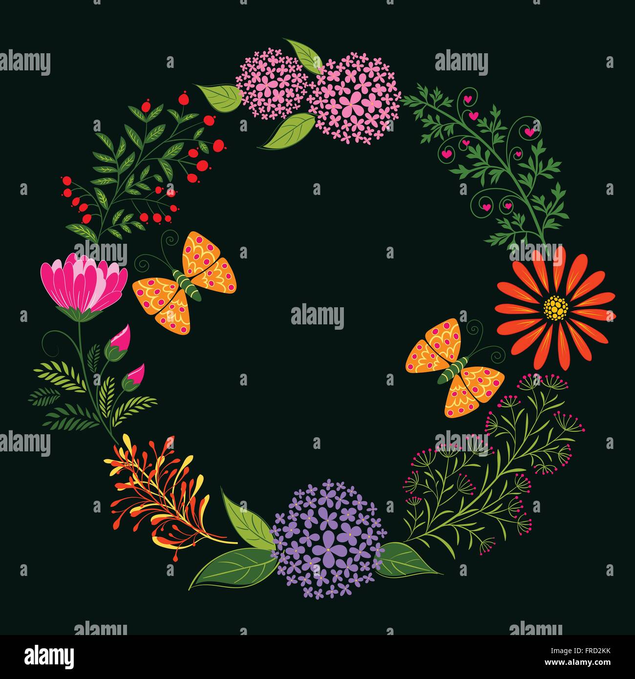 Coloré de fleurs printanières et de papillon sur fond vert sombre Illustration de Vecteur