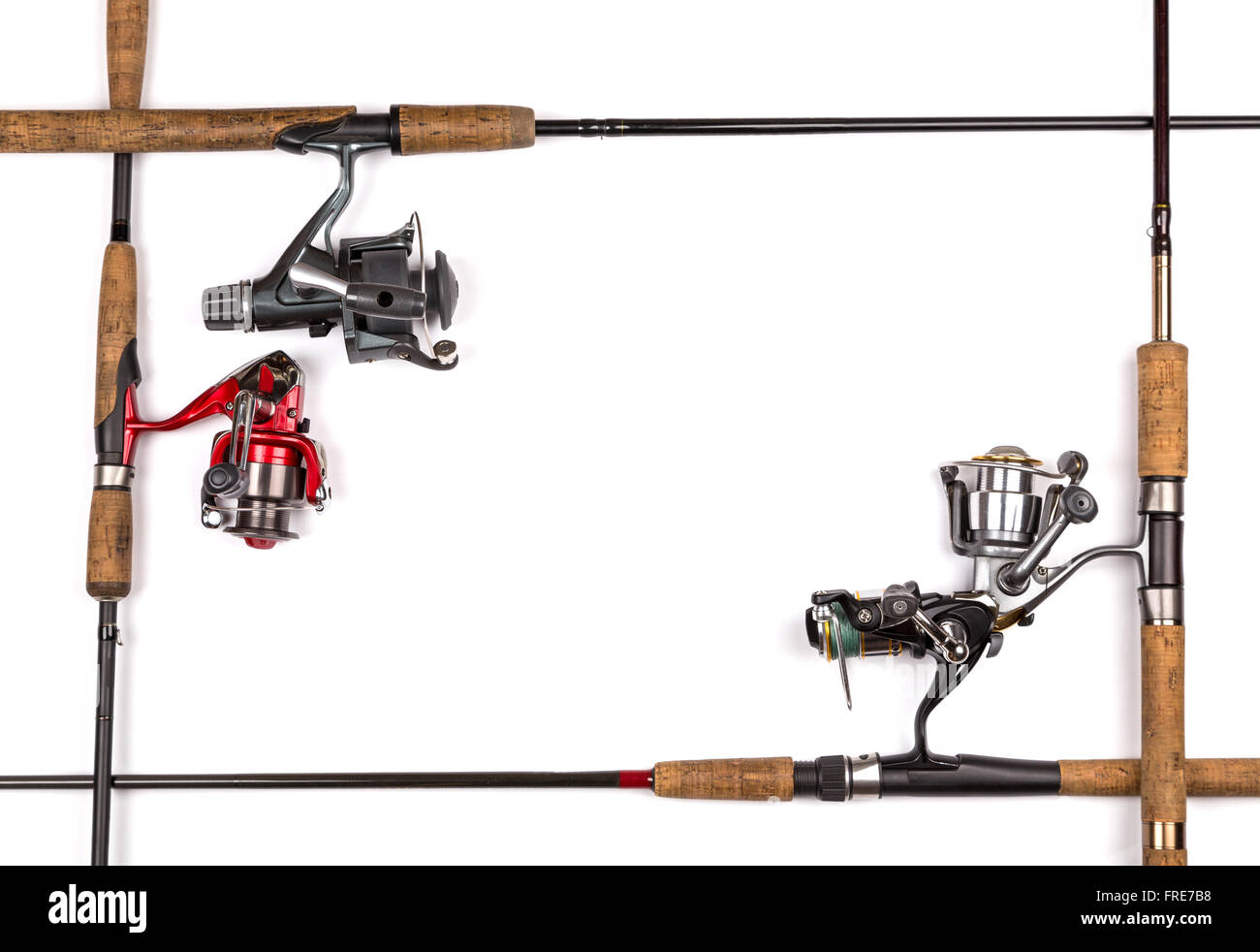 À partir de la trame des cannes à pêche et moulinets. Conception de l'exposition en plein air d'eau douce de l'entreprise active. Banque D'Images