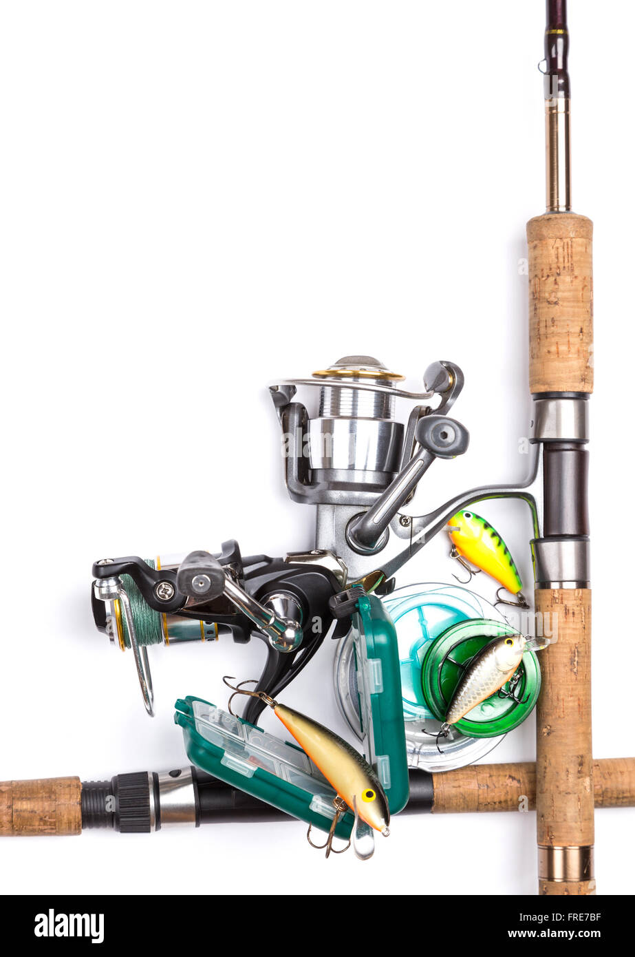 Frame à partir de différents matériels de pêche. Conception de l'exposition en plein air d'eau douce de l'entreprise active. Banque D'Images