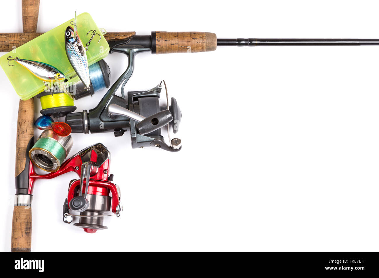 Frame à partir de différents matériels de pêche. Conception de l'exposition en plein air d'eau douce de l'entreprise active. Banque D'Images