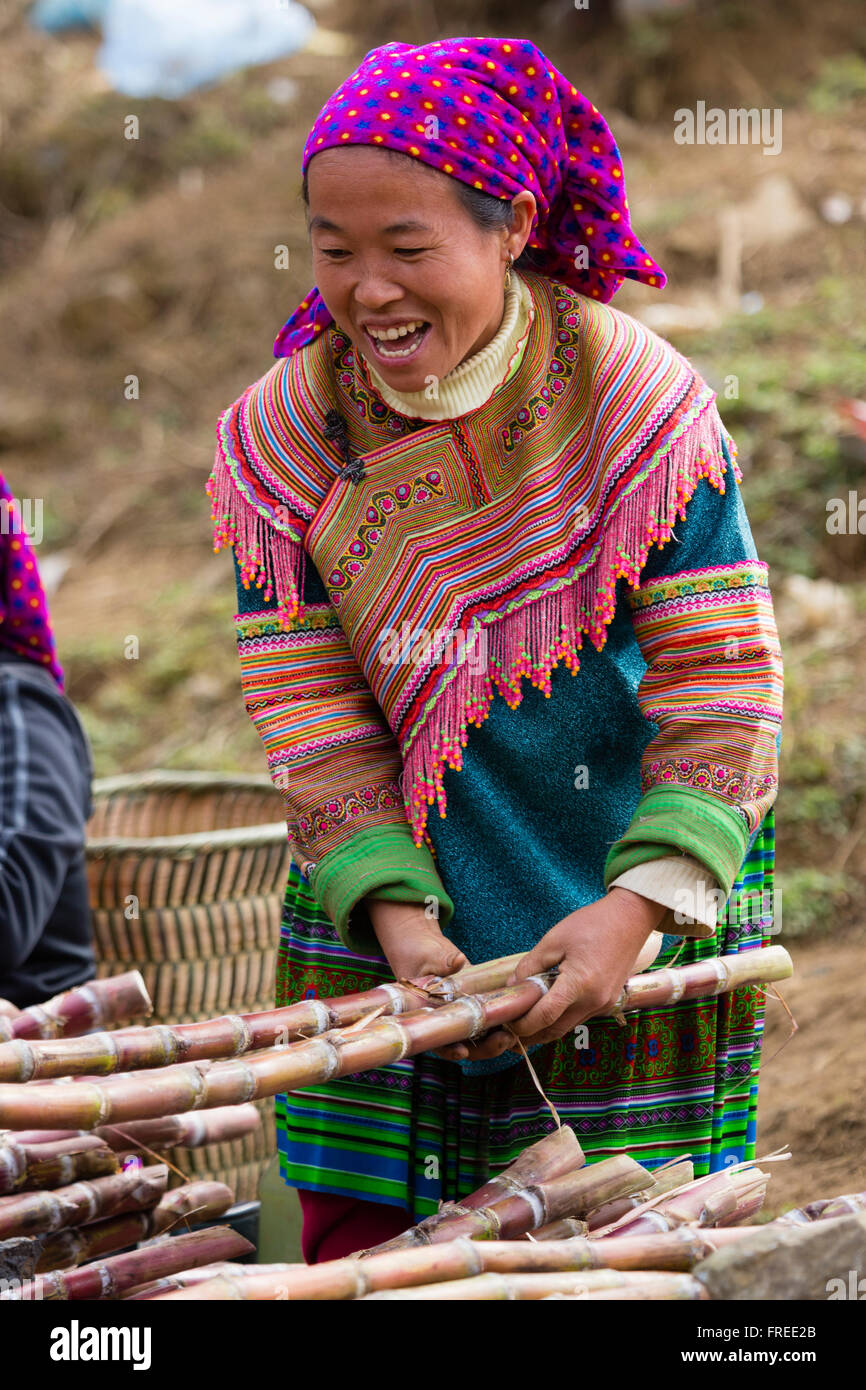 Femme en costume traditionnel avec la canne à sucre, Luong Phin Marché Dimanche, Bac Ha, Nord, Vietnam Banque D'Images