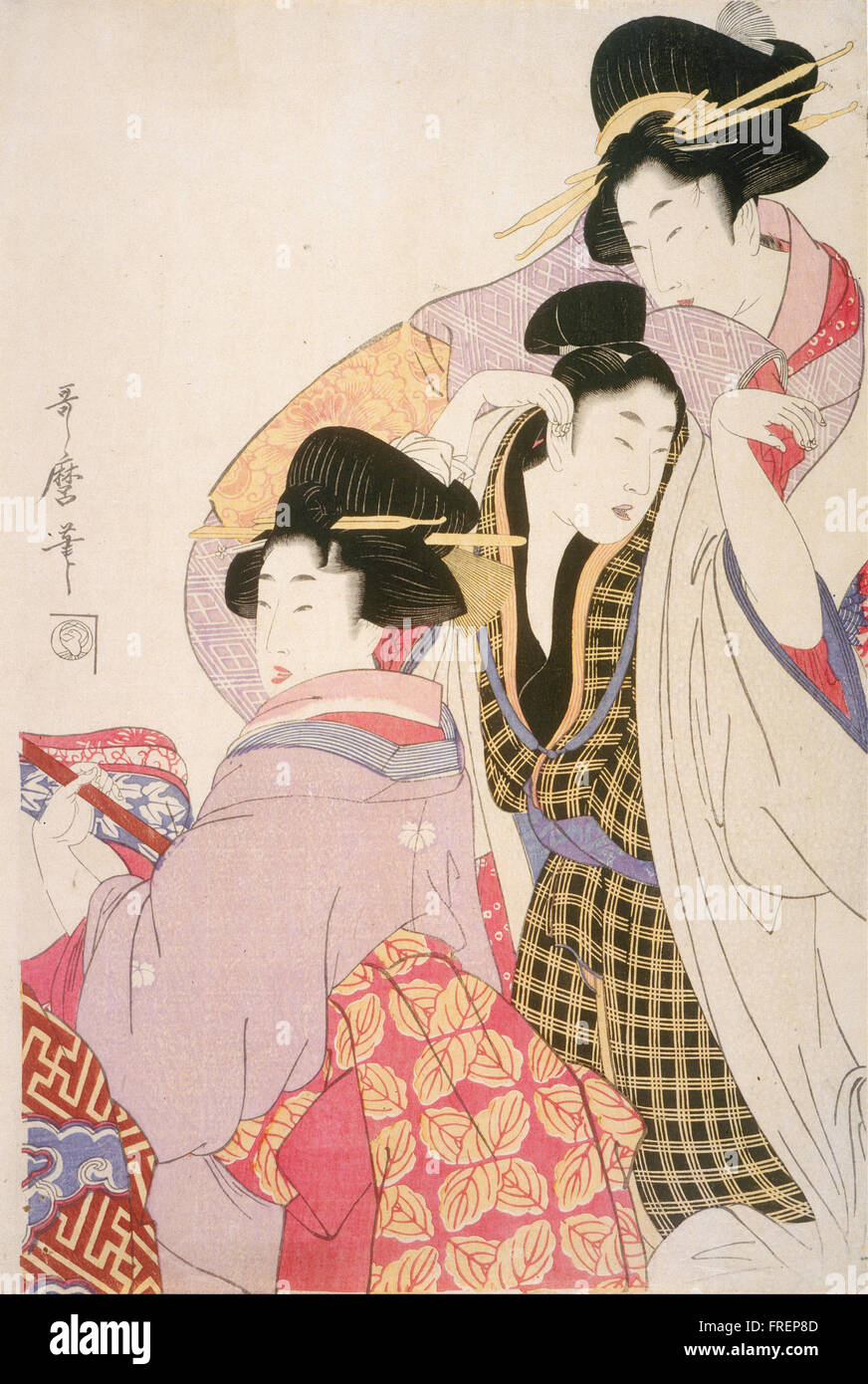 Kitagawa Utamaro J, Japonais - Deux Geishas et un client éméché Banque D'Images