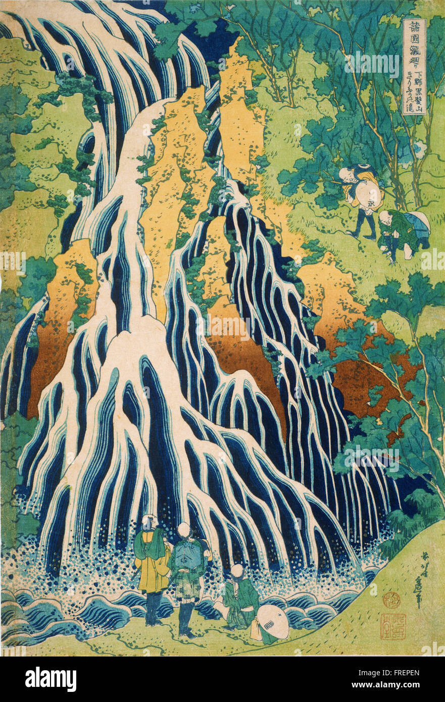 Katsushika Hokusai, le Japonais - Les Pèlerins à Kirifuri Waterfall sur le mont Kurokami en Shimotsuke Banque D'Images