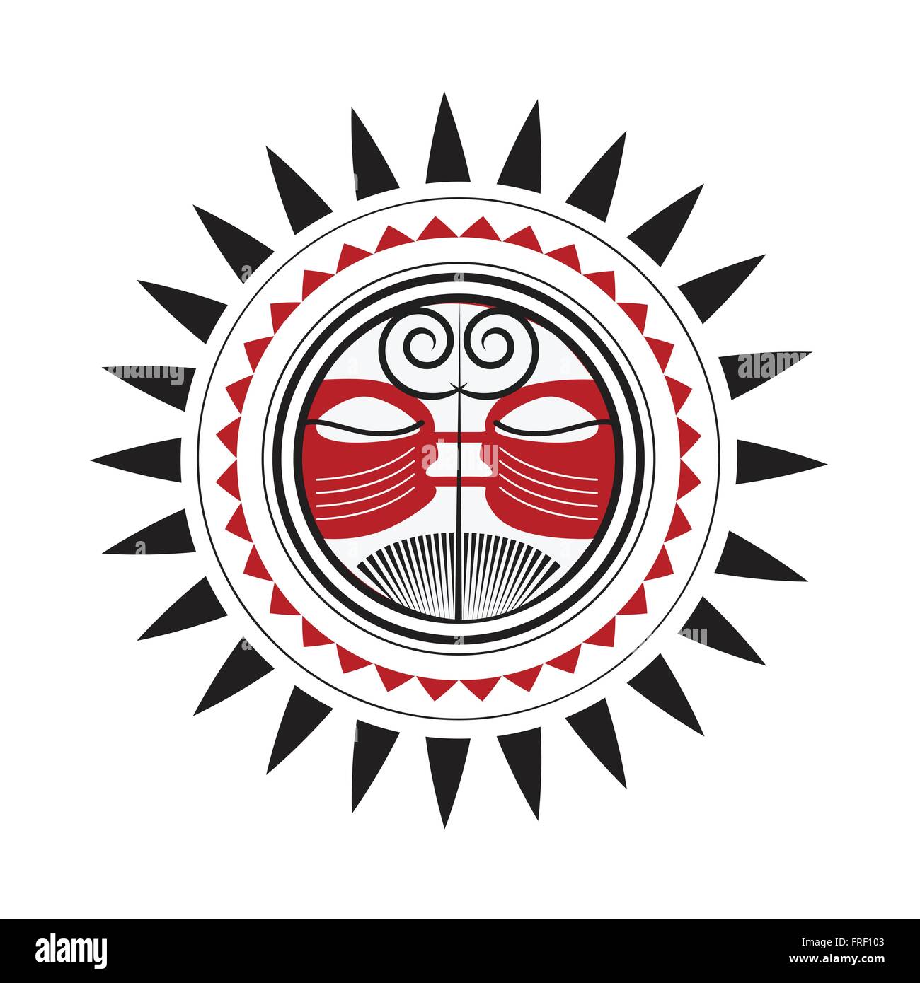 Dieu Soleil Maori - schéma traditionnel polynésien Rouge et Noir Dessin Croquis isolated on White Illustration de Vecteur