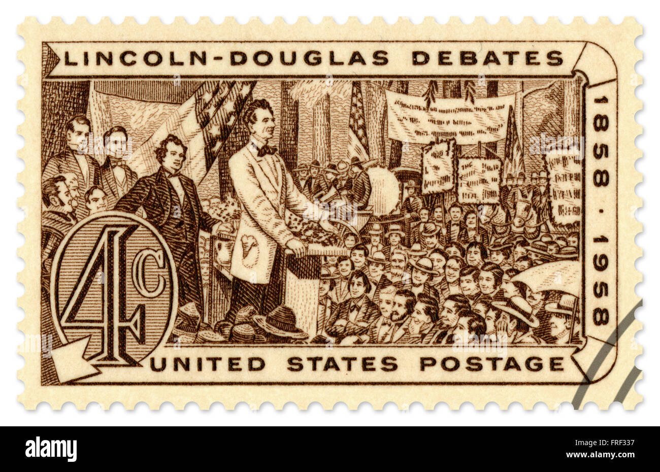 United States commémorative pour le centenaire de la Lincoln Débats 1858-1958 Douglas, publié en 1958 par le Service postal des Etats-Unis. Cette numérisation haute résolution comprend un chemin de détourage. Banque D'Images