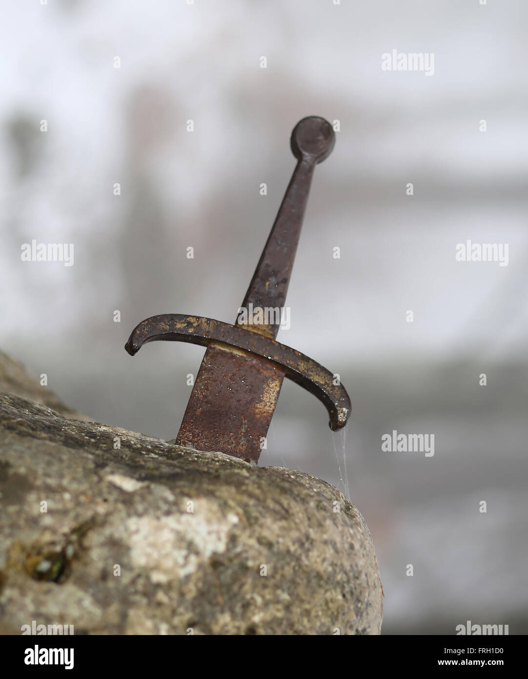 L'épée légendaire Excalibur dans la pierre au milieu de la forêt en hiver Banque D'Images