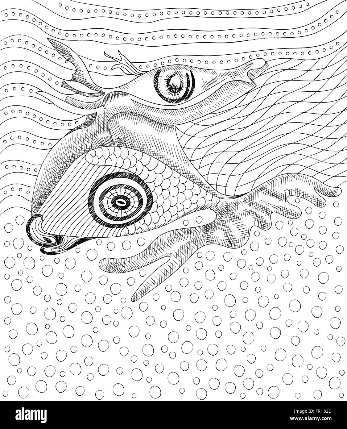 Surreal dessin à la main et le poisson, modèle abstrait avec contours noirs, peuvent utiliser pour les affiches, autocollants, cartes, livre de coloriage Illustration de Vecteur